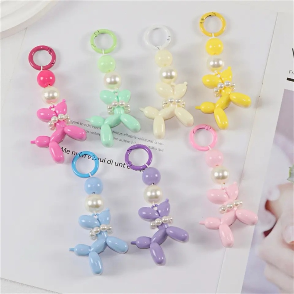 NEW Balloon Art Dog with Faux Pearl Collar Bag Charm Keychain Clip Keyring